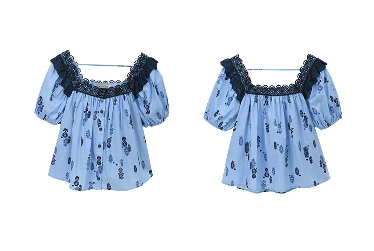 MISHOW Fashion Print Cotton Shirt for Women 2025 Summer New Puff Sleeve Lace Splicing Retro Blue Casual Button Top MXE35X1842