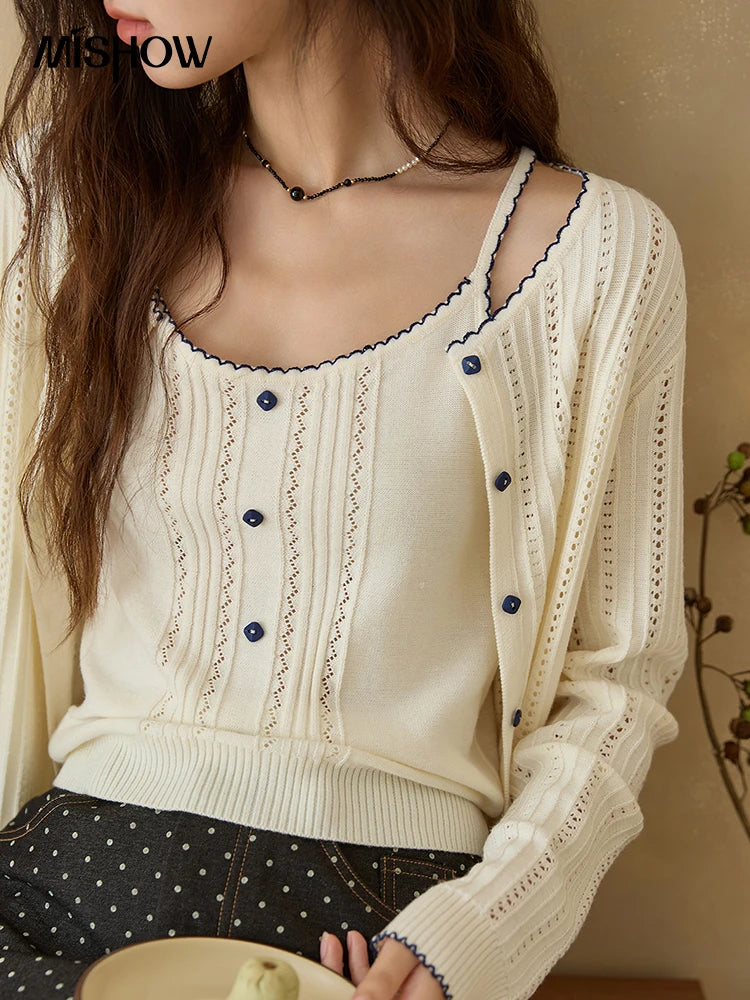 MISHOW Woman Apricot Knit Two-piece Set Wool 2025 Autumn Retro Long Sleeves Cardigan With Camisole Vest Casual Outfit MXE43T0726