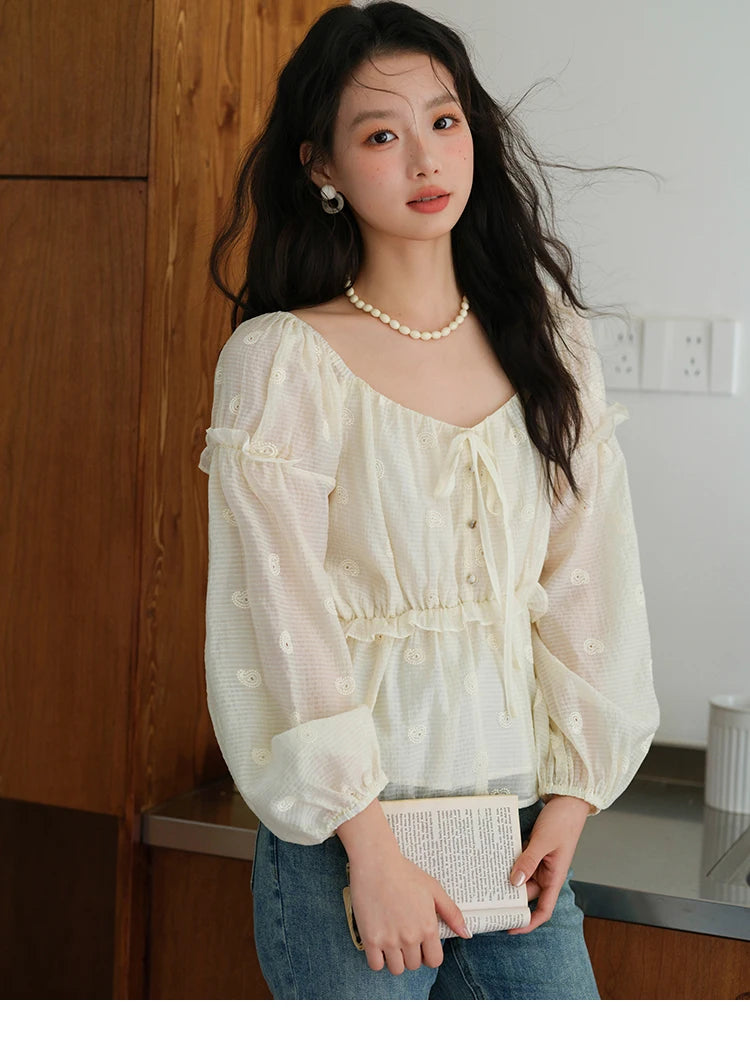 MISHOW Women's Fashion Cashew Flower Embroidered Blouse 2025 Autumn V-neck Lace Up Puff Sleeve Ladies Elegant Top MXE41X1945