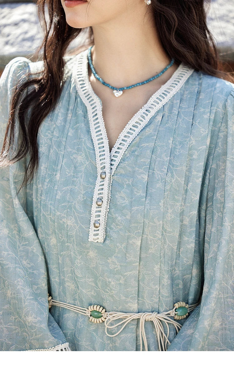 MISHOW Chiffon Printed Dress for Women Spring 2025 French V-neck Hollowed Out Lace Patchwork Medium Length Dresses MXE12L2096