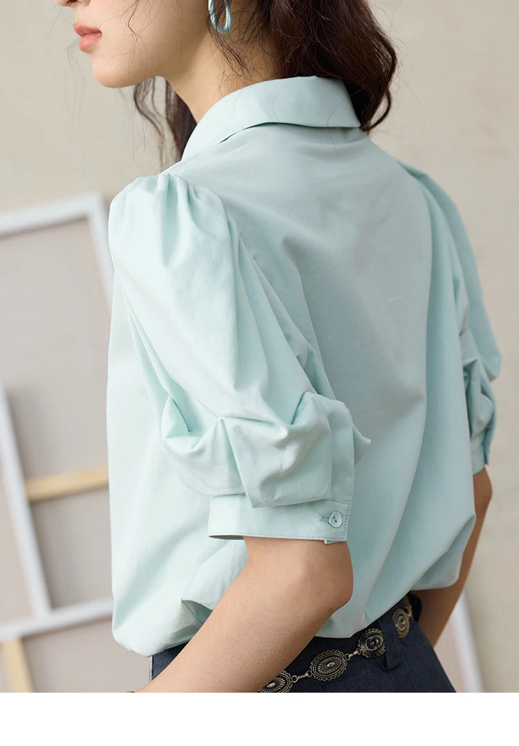MISHOW Light Green Bubble Sleeve Shirt for Women Summer 2025 Lapel Collar Irregular Button Shirts Cotton Commuter Top MXE34C0788