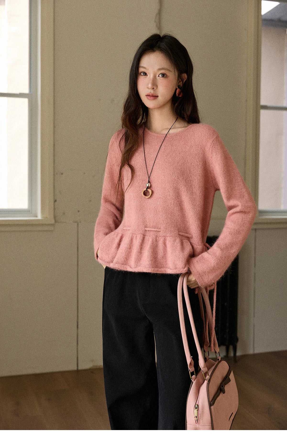 MISHOW Women's Pink Sweater 2025 Winter French Style Round Neck Knit Top Ruffled Hem with Drawstring Belt Pullover MXE90Z2824