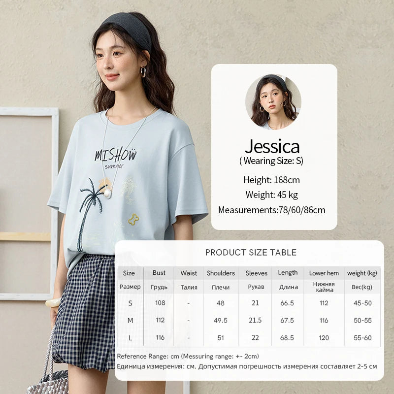 MISHOW Casual Print T-shirts Women 2025 Summer New Short Sleeve Round Neck Coconut Tree Pattern Shirt Woman Holiday MXE31T0516