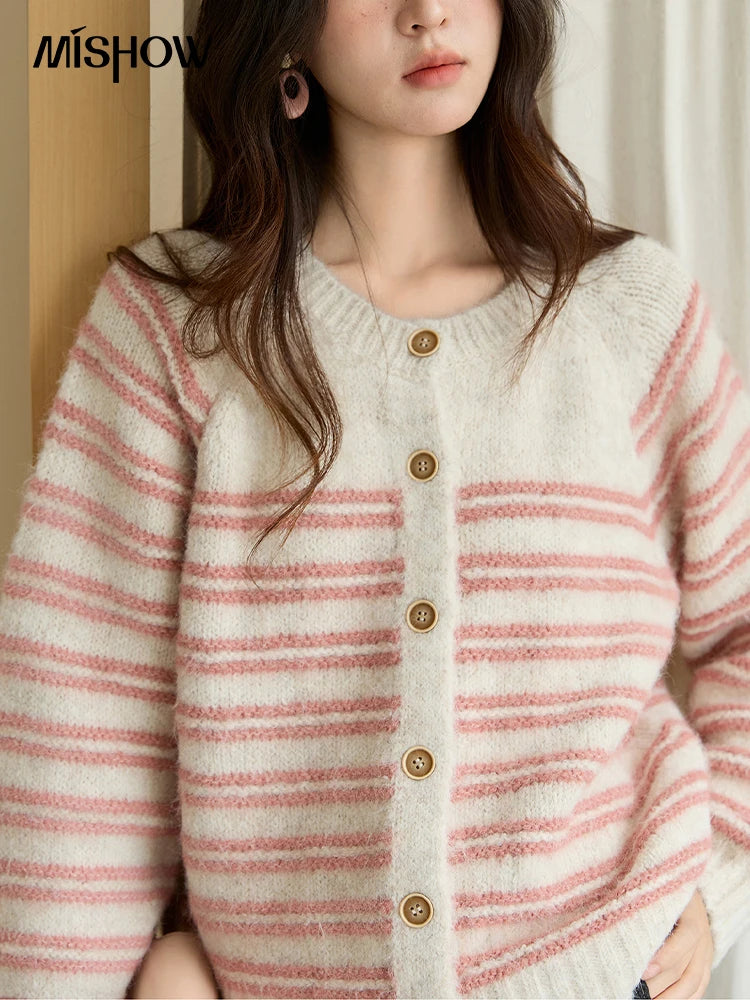 MISHOW Women's Pink Striped Cardigan 2025 Autumn Winter French Style Round Neck Wool Blended Sweater Loose Casual Top MXE49Z2615
