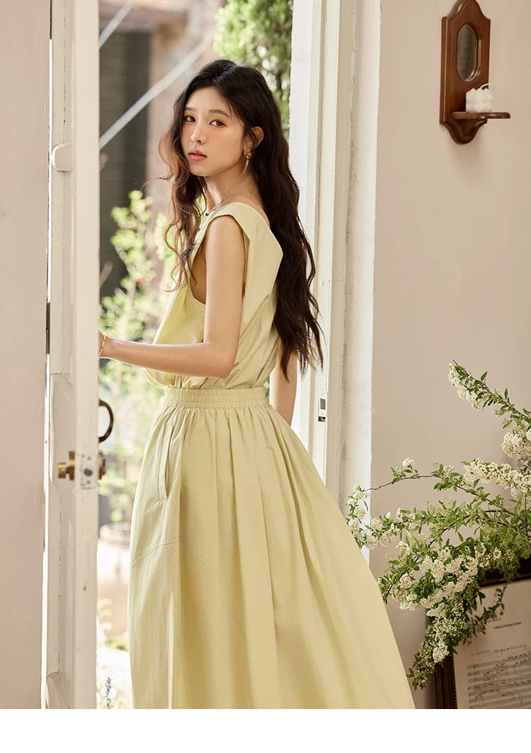 MISHOW Office Lady Solid Blouses Skirts Sets Women Summer 2025 V-neck Sleeveless Vest Elastic Waist Loose Skirts Sets MXE34T0604