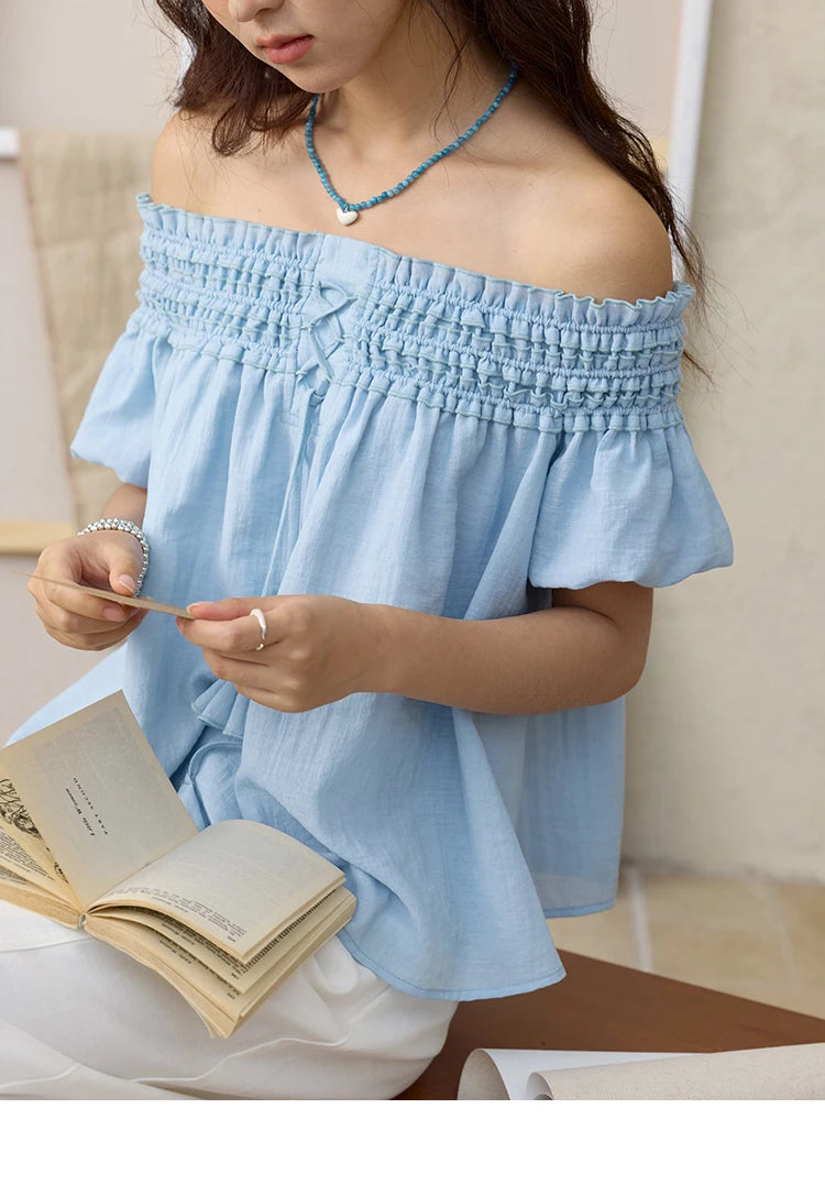 MISHOW Mist Blue One Shoulder Blouse Summer 2025 Elastic Pleated Flower Bud Sleeves Doll Blouses Cotton Blend Top MXE34X1796