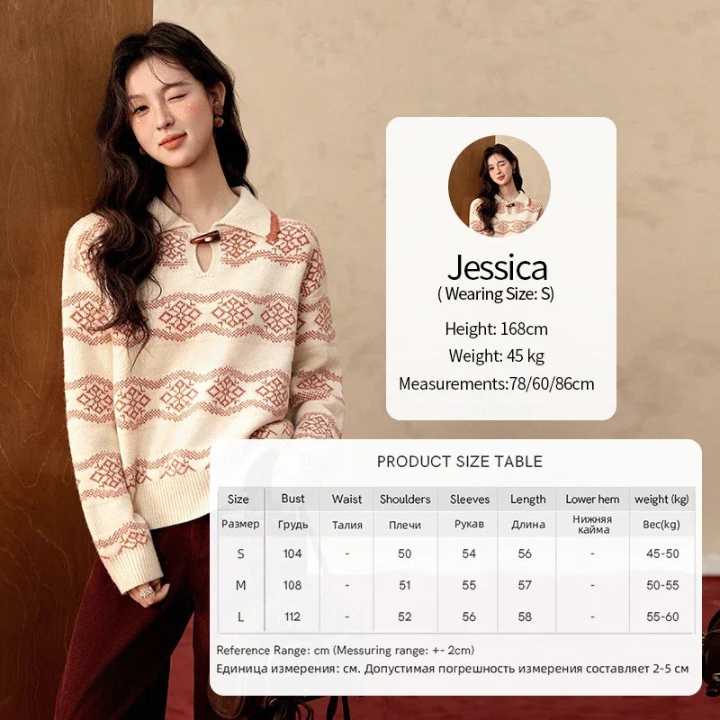 MISHOW Fair Isle Knitting Sweater Women Christmas Turn Down Collar Pullovers Versatile Soft Warm Office Lady Warm Top MXD59Z1042