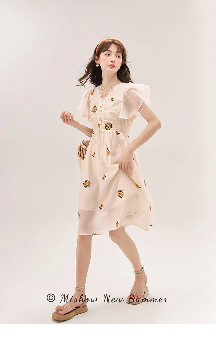 MISHOW [Van Gogh/Sunflower Collection] Embroidered Dress 2023 Summer Sweet Butterfly Sleeve V Neck Lace Splice Dress MXC39L1524
