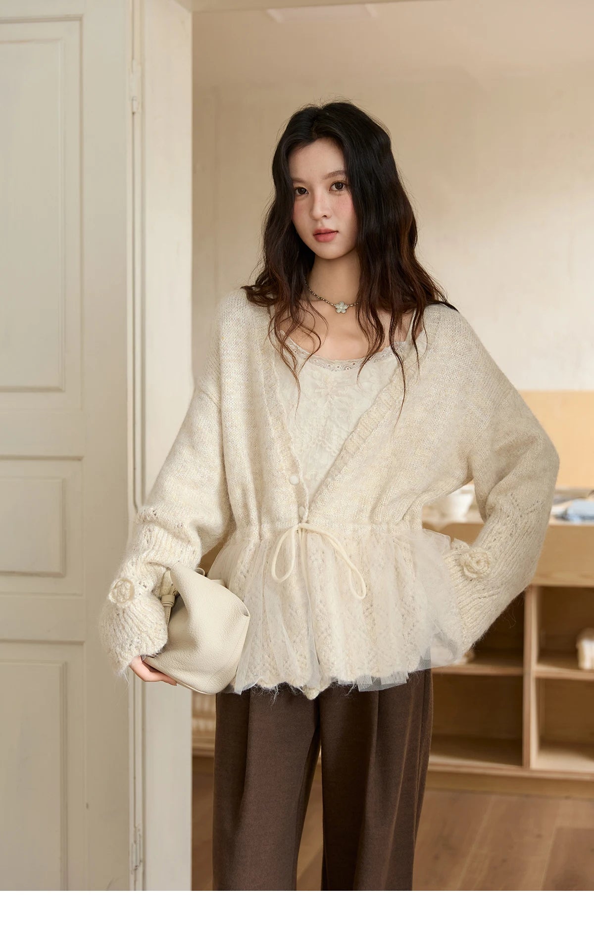 MISHOW Apricot Mesh Stitching Knit Cardigan for Woman Fashion Drawstring Waist Three-dimensional Flower Loose Sweater MXE88Z2707
