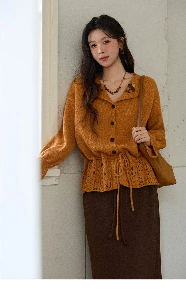 MISHOW Orange Cardigan Women 2025 Winter Retro Openwork Crochet Pattern Knit Top Loose Warm Flared Sleeves Sweater MXE87Z2685