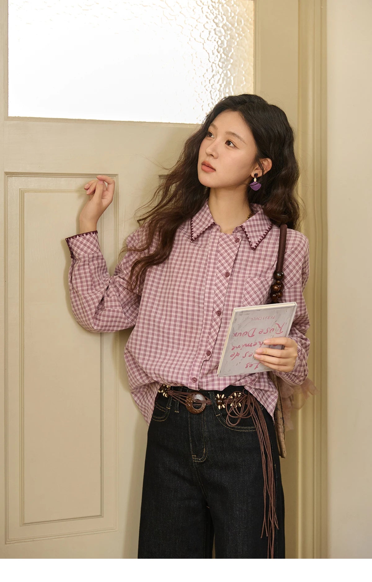 MISHOW Purple Plaid Shirt for Women Autumn 2025 Contrasting Embroidery Irregular Placket Shirt with Pocket Casual Top MXE44C2394