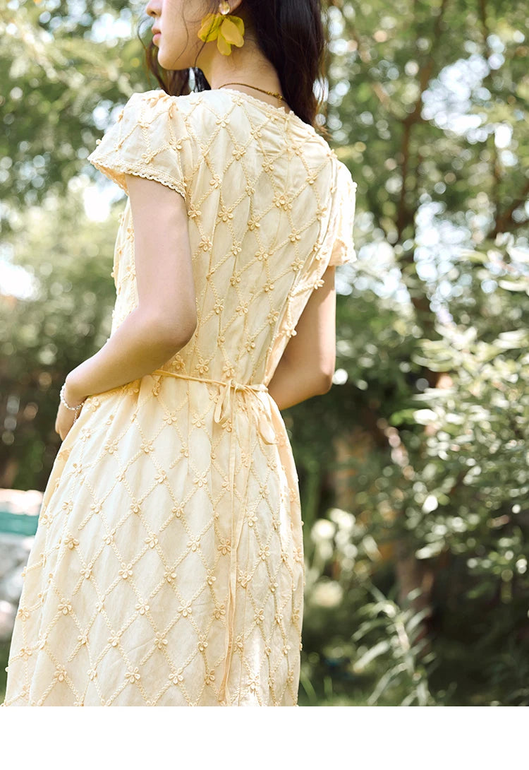 MISHOW Women's V-neck Lace Spliced Dress 2025 Summer New Embroidery Vacation French Style Jacquard Mid-Length Dresses MXE38L2378