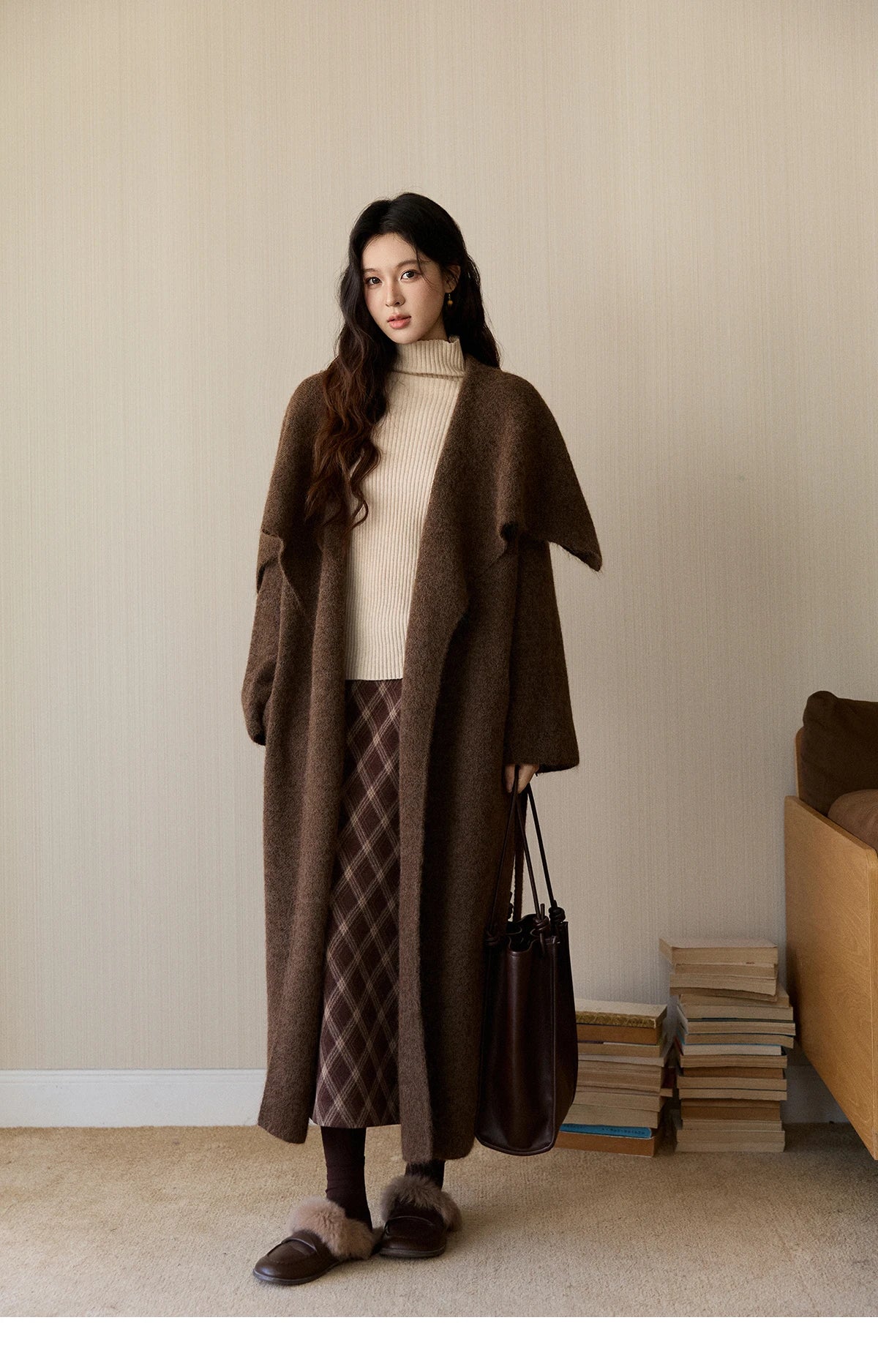 MISHOW Women's Brown Plaid Wool Blend Skirt 2025 Winter High Waist Slim A-Line Back Hem Split Back Elastic Midi Skirt MXE94B2461