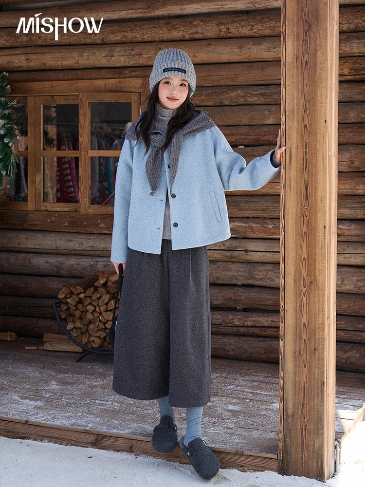 MISHOW Woman Blue Wool Coat with Shawl 2025 Winter Elegant Fashion Crew Neck Single-breasted Short Loose Thick Coat MXE87W0943