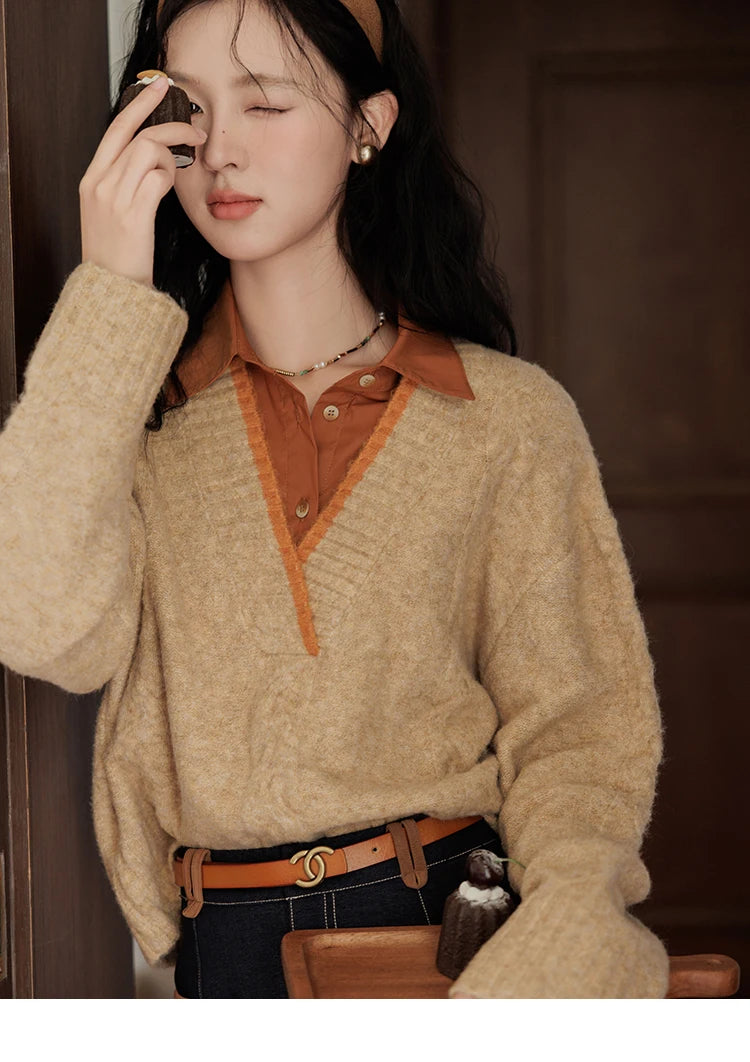 MISHOW Vintage Sweater False Two-piece Sweet Fashion V-neck Knitwear 2024 Fall New Vintage Versatile Sweater Tops MXD42Z0695