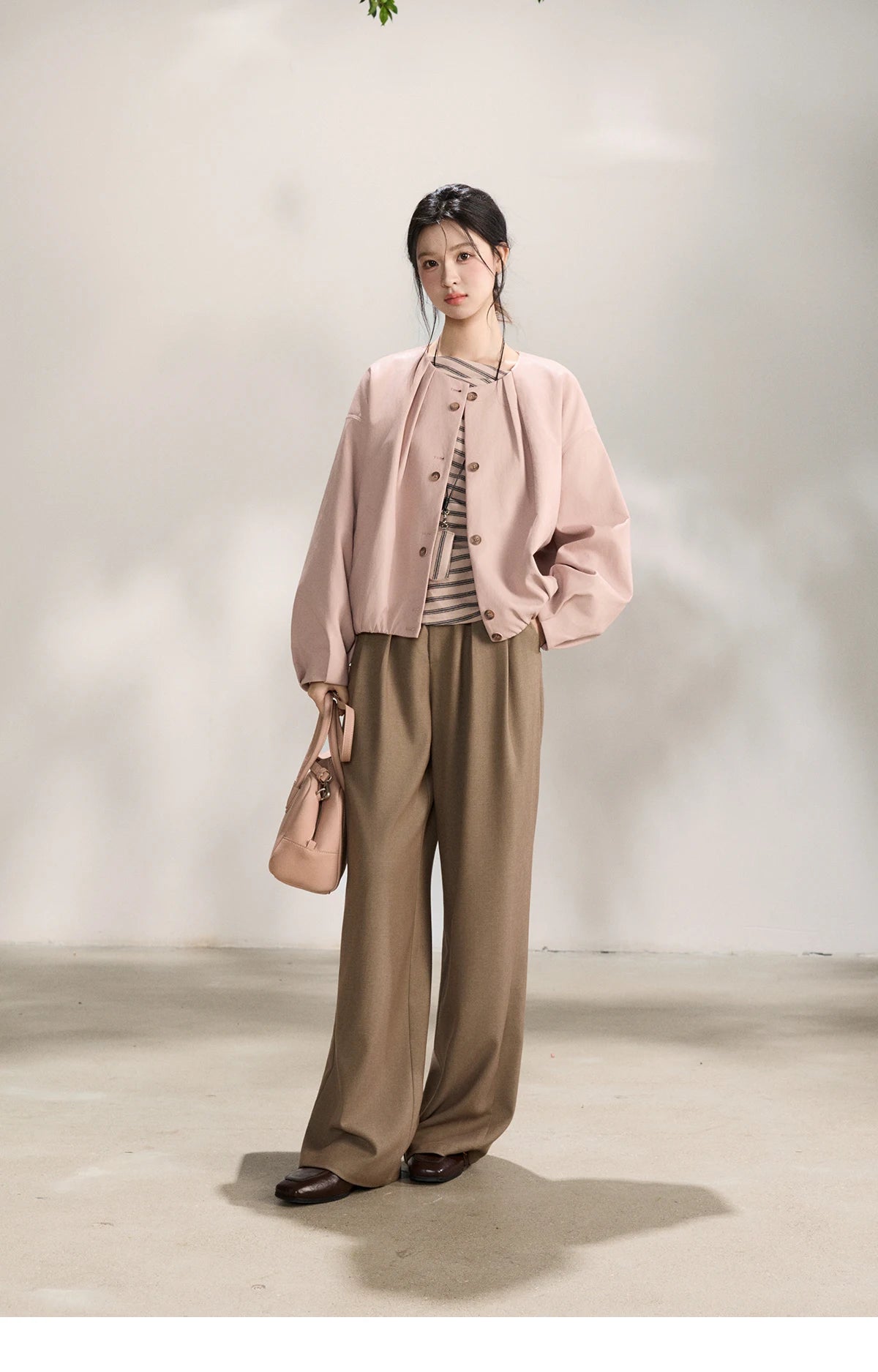 MISHOW Women's Pink Flower Bud Leather Jacket Spring 2026 Crew Neck Single-breasted Coats Casual Loose Cropped Coat MXF108W1001