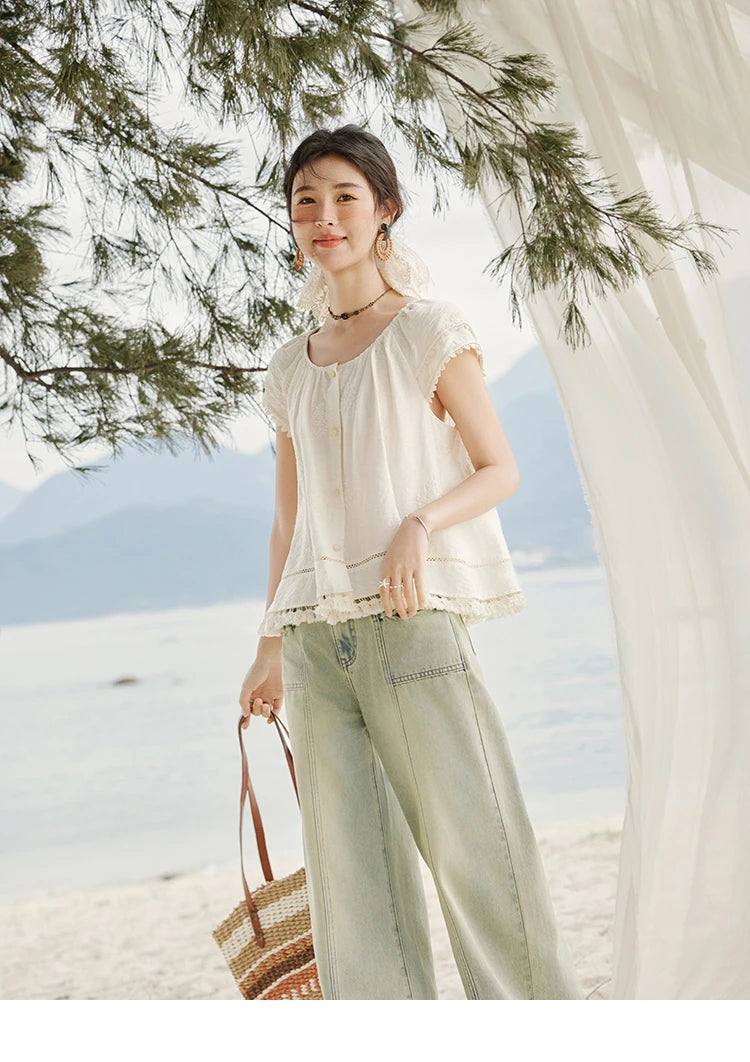 MISHOW Embroidered French Shirt Women Summer 2025 Short Sleeve Round Neck Solid Blouses Female Fashion New Tops Lady MXE33X1744