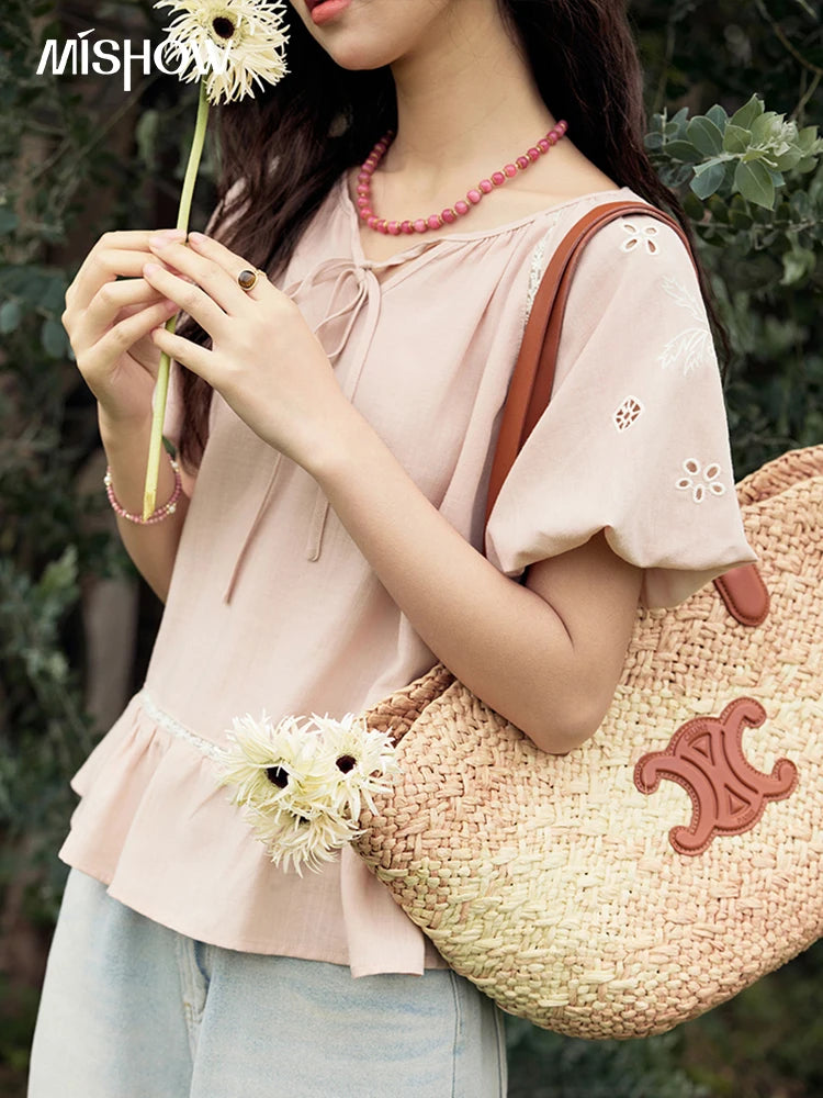 MISHOW French Summer Blouse Women 2025 Short Puff Sleeve Round Neck Solid Hollow Embroidery Shirts Woman Holiday Thin MXE31X1747