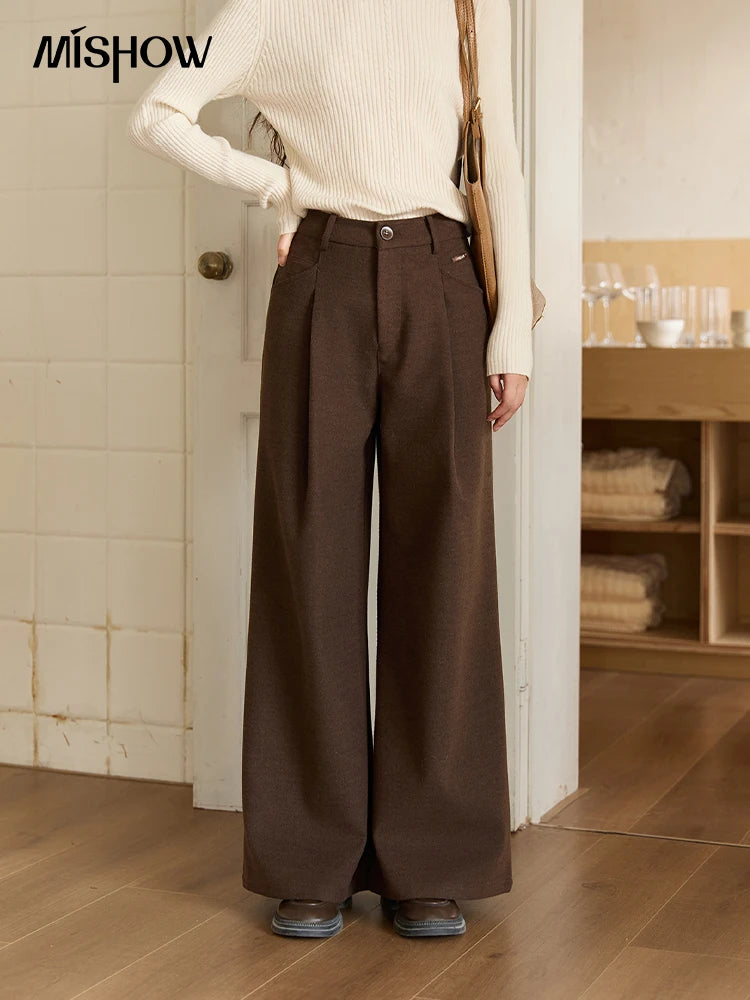 MISHOW Brown Wide-leg Pants for Women 2025 Autumn Winter New Retro High Waist Drape Trousers Commute Casual Pants MXE51K1094