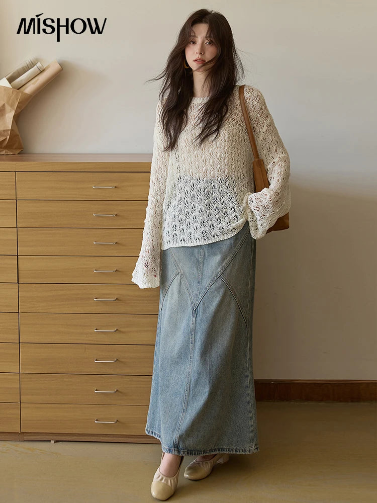 MISHOW Women's Hollow Knitted Tops 2025 Autumn Jacquard Weave Breathable Top Solid Dropped Sleeve Knitted Sweaters MXE43Z1360