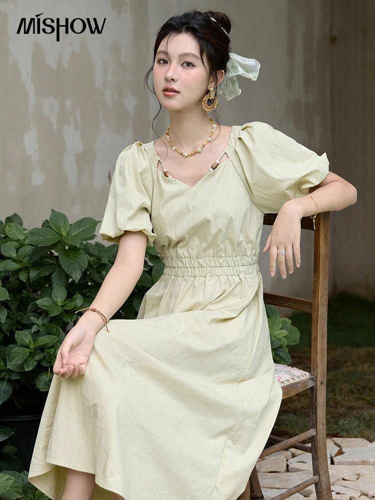 MISHOW French V-neck Bubble Sleeve Dress for Women Summer 2025 Elegant Waist Dress Back Green Waist Exposed Dresses MXD22L1825