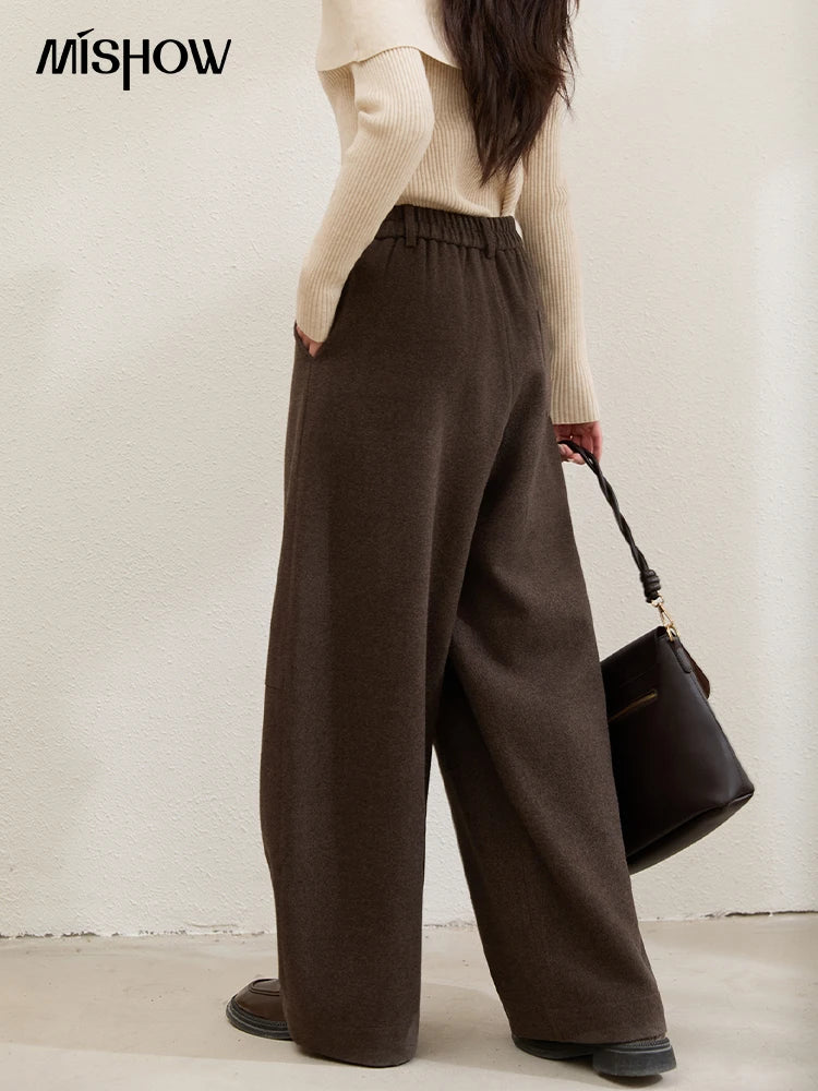 MISHOW Women Pants 2025 Autumn Winter Retro Brown Wide-leg Pants High Waist Design Loose Casual Drape Pants MXE88K1122