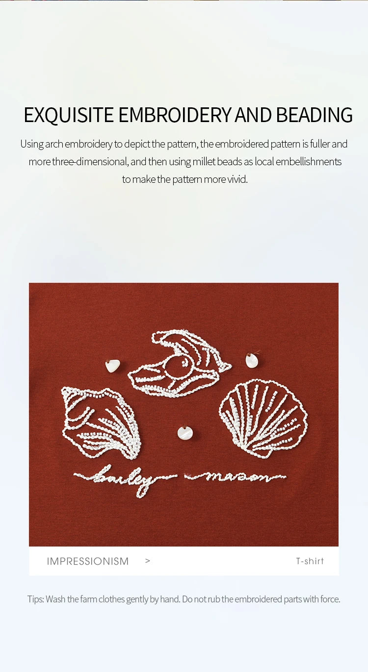 MISHOW Women's Shell Embroidered T-shirt 2025 Summer Short Sleeve Cotton Blend Tops Loose Slim Round Neck Casual Tees MXE34T0570