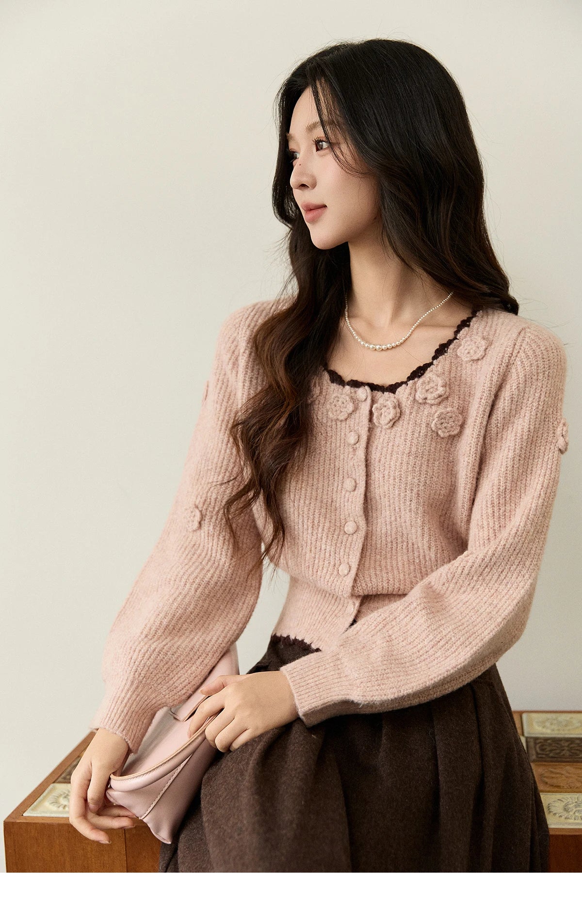 MISHOW Women's Pink Knitted Cardigan 2025 Autumn Winter Flower Decor Lace Trim Button Cardigan Slim Warm Pullover Top MXE94Z2862