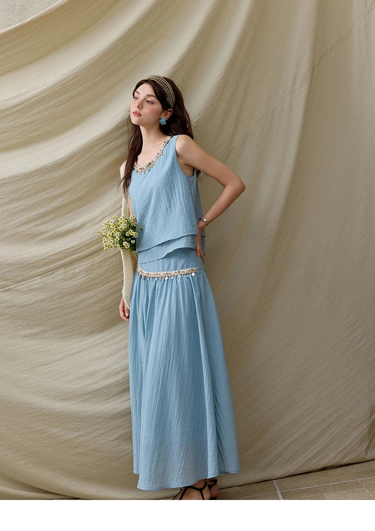 MISHOW Office Lady Summer Vest Skirt Sets Women 2025 Sheel Ribbon Solid Round Neck Tops Loose High Waist Skirt Female MXE32T0556