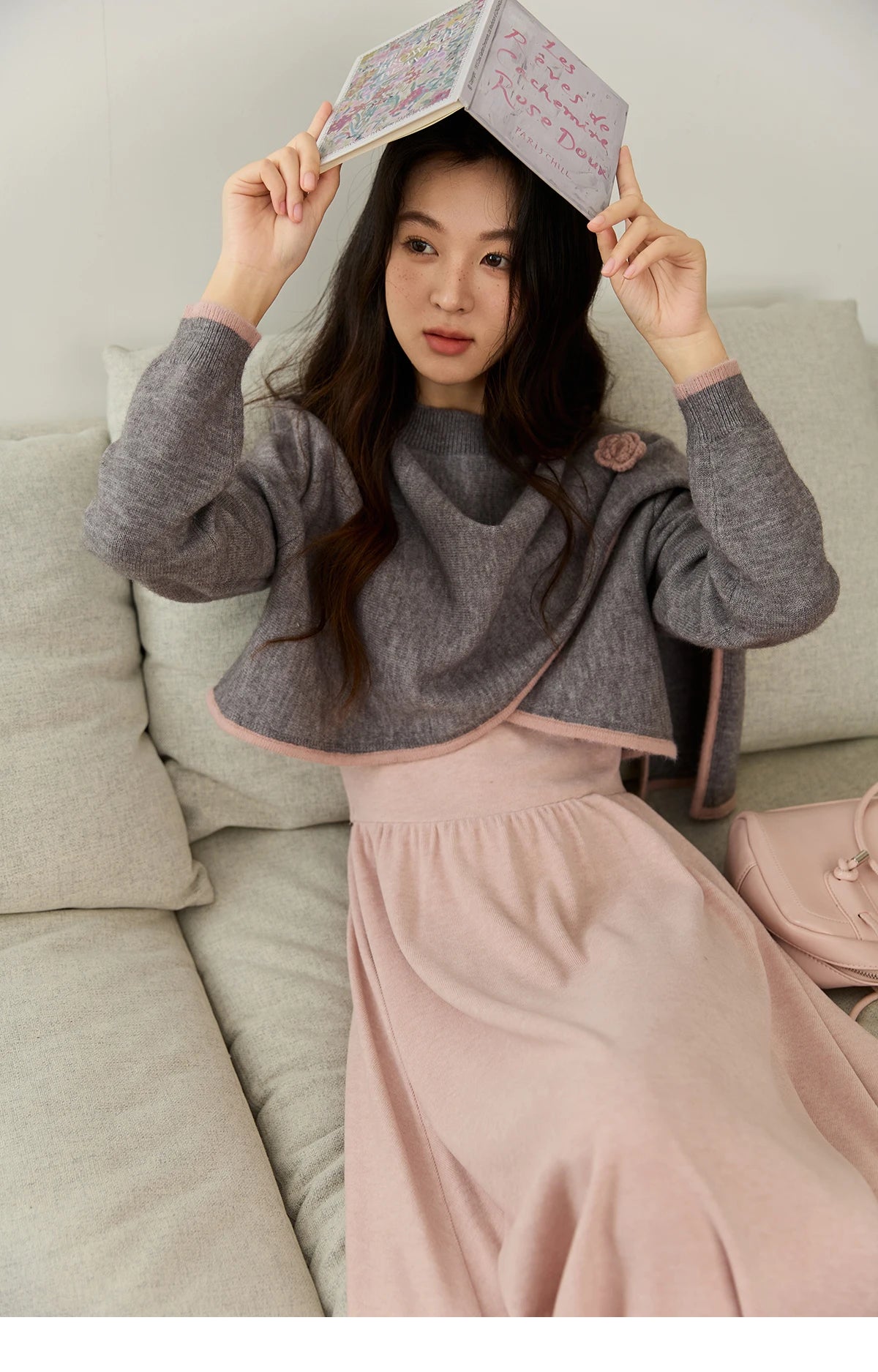 MISHOW  Women's Knitted Suit 2025 Autumn Sweet Style Irregular Round Neck Top Pink Suspender Dress Slim Two-piece SuitMXE49T1397