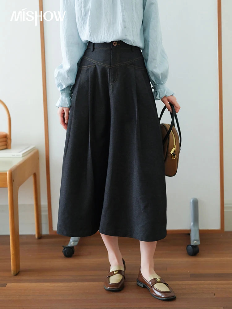MISHOW High Waist Pleated Umbrella Denim Skirt 2025 Autumn A-LINE Deep Blue Skirts Female One Button Casual Skirts MXE41B2372