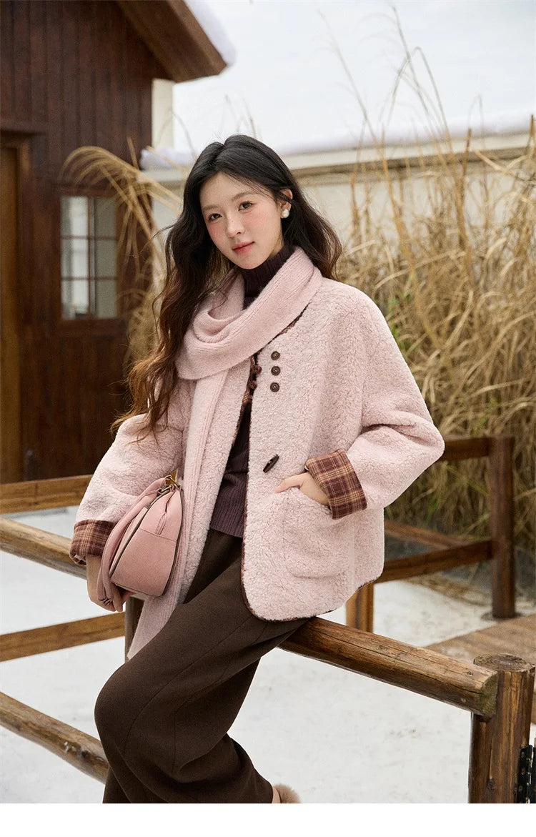 MISHOW Woman Plaid Patchwork Lamb Wool Coat 2025 Winter Round Neck Coat Commute Warm Loose Jacket （Without A Scarf）MXE90W0923