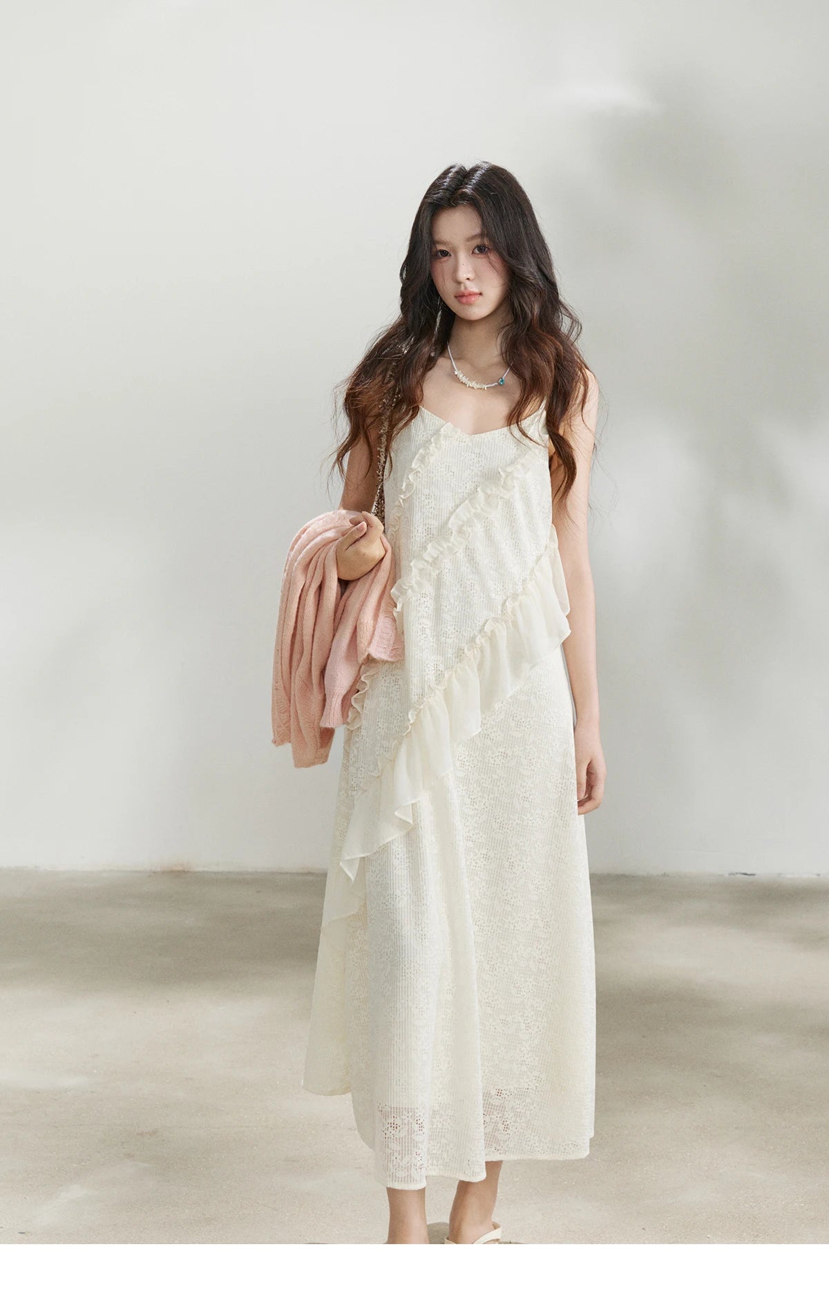 MISHOW Women's Cream Irregular Lace Slip Dress 2026 Spring V-Neck Ruffled Maxi Dresses Casual A-line Romantic Dress MXF108L1005