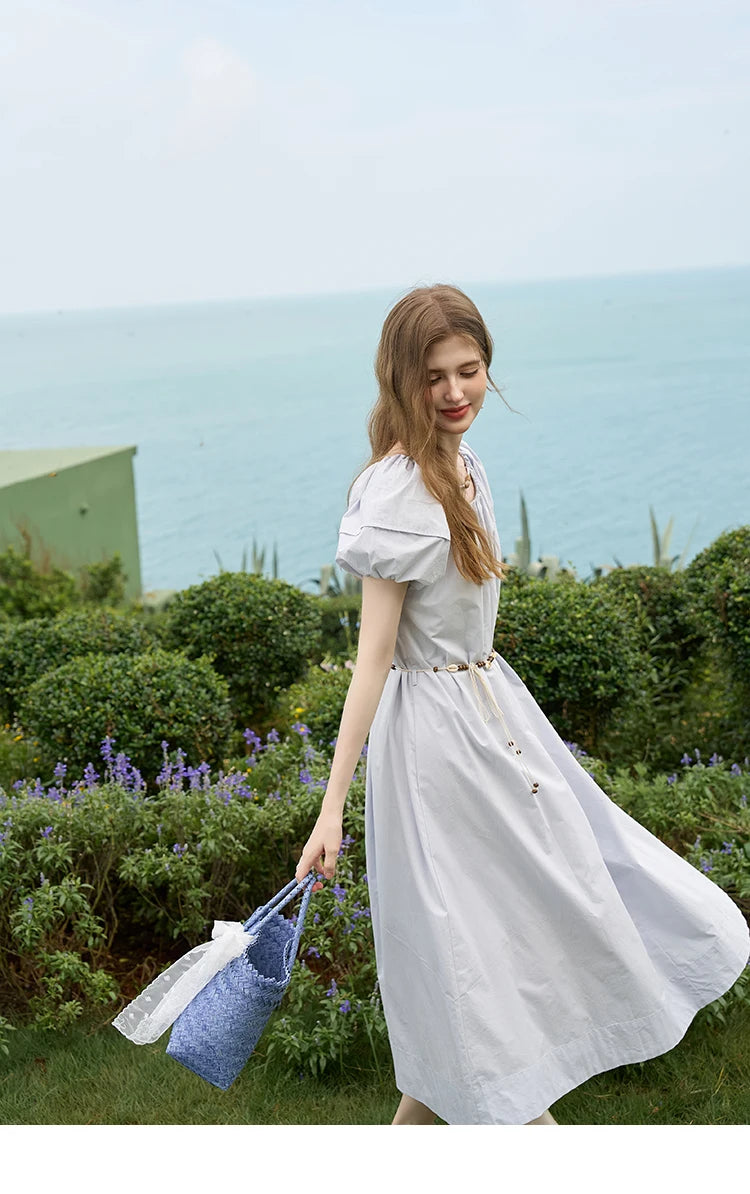 MISHOW 100 Cotton Bohemian Dress 2024 Summer French Elegant Elastic Round Neck Bubble Sleeve Long Dresses with Belt MXD26L1940