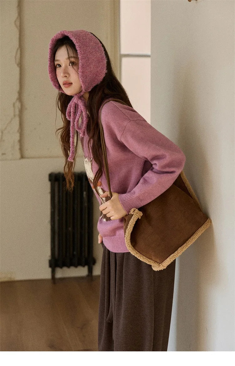 MISHOW Women's Jacquard Dog Thick Sweater Winter Purple Arctic Fleece Loose Soft Knitted Tops (Headband Not Included) MXE88Z2599