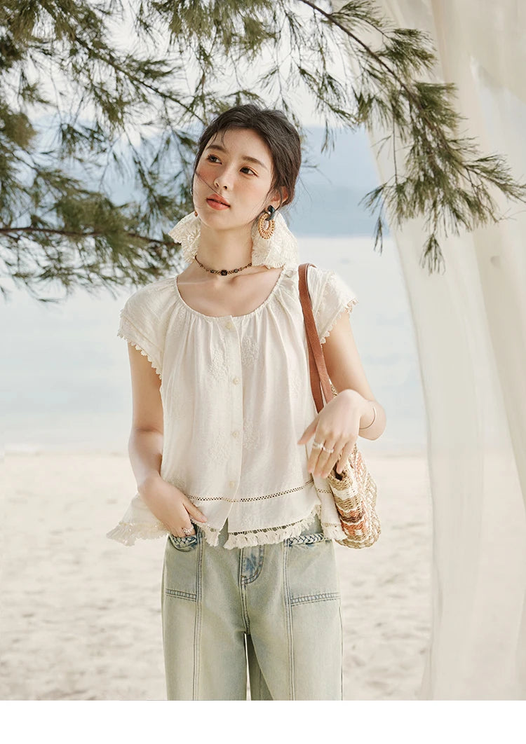 MISHOW Embroidered French Shirt Women Summer 2025 Short Sleeve Round Neck Solid Blouses Female Fashion New Tops Lady MXE33X1744