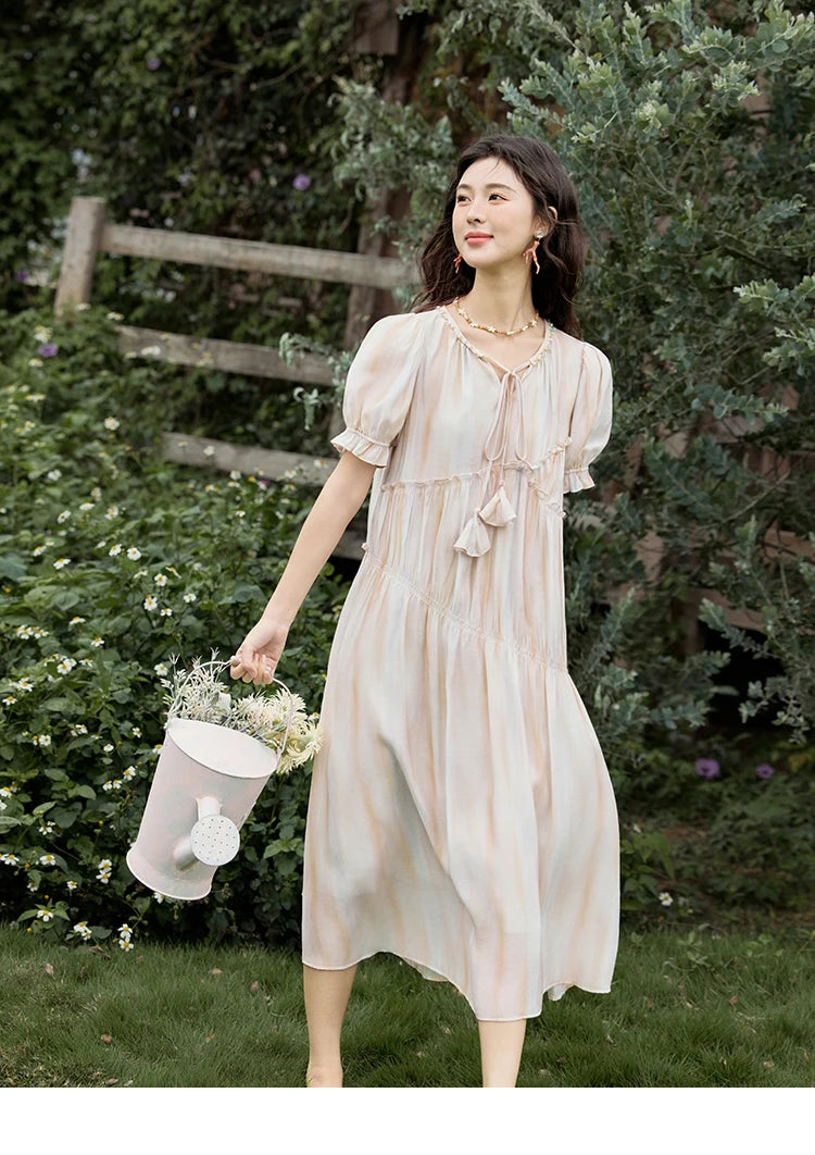 MISHOW French Summer Dress Women 2025 New V-neck Short Puff Sleeve Hollow Gradient Dresses Female Fashion Slimming MXE31L2166