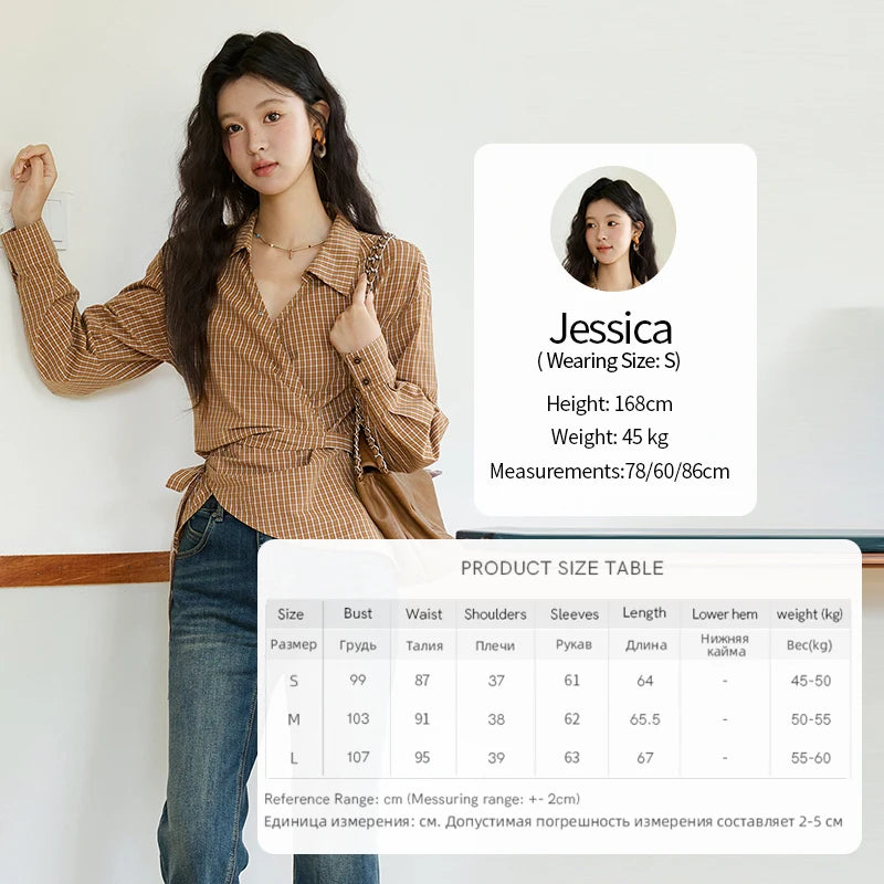 MISHOW Women's 100 Cotton Dark Orange Plaid Shirt  Autumn Design Side Waist Lace-up Long Sleeved Shirts Office Lady MXE46X2494