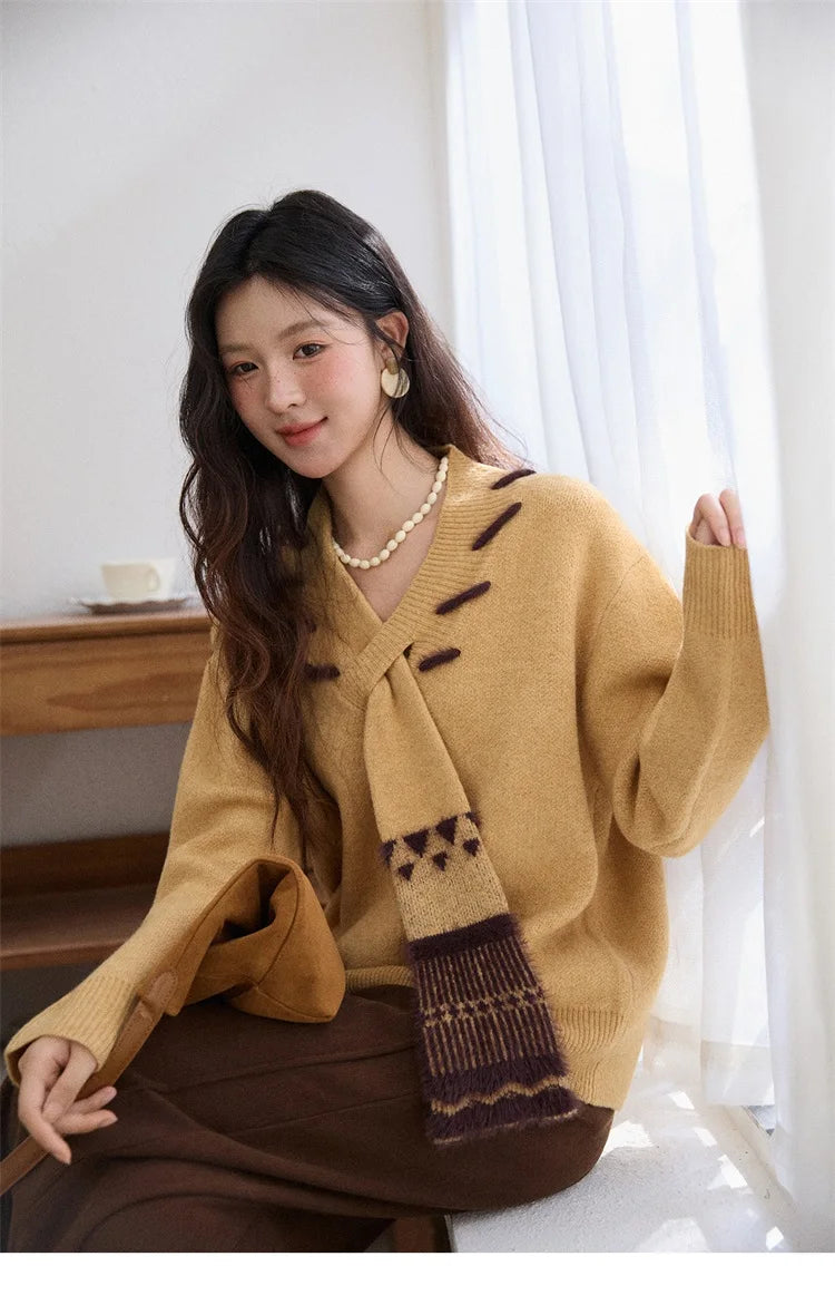 MISHOW Women V-neck Knit Top 2025 French-style Elegant Workwear Long-sleeved Yellow Pullover Women's Winter Clothing MXE87Z2771