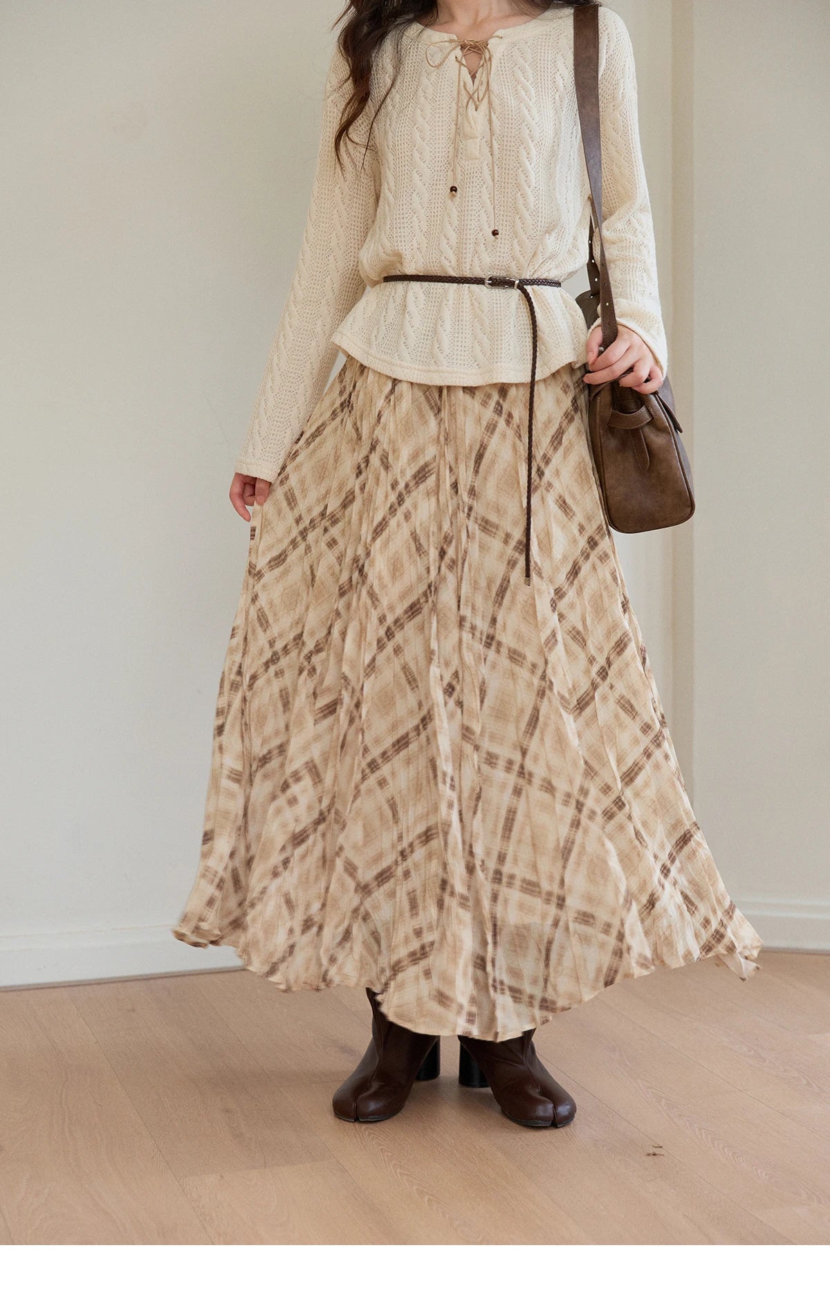 MISHOW Women's Beige Plaid Maxi Skirt 2026 Spring High Waist Flowy A-Line Skirts Elastic Waist Casual Chiffon Skirt MXF108B0769