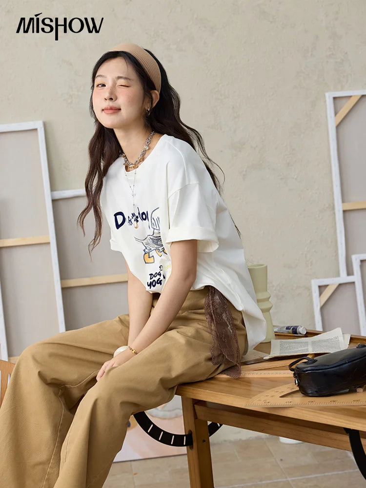 MISHOW Print Summer T-shirts Women 2025 Short Sleeve Round Neck Flocked Puppy Loose Shirt Female Casual Versatile Top MXE33T0542