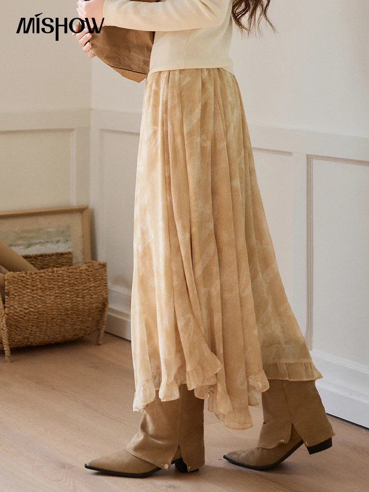 MISHOW Women's Beige Chiffon Maxi Skirt 2026 Spring Floral Print High Waist Ruffled Asymmetrical Casual Long Skirts MXF11B2463