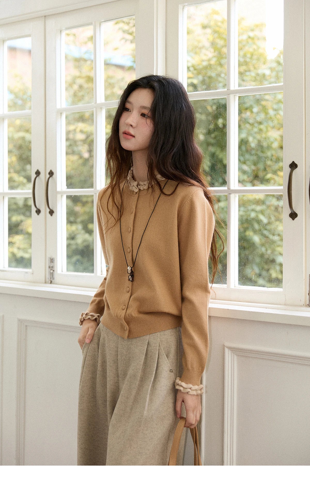 MISHOW Women Knit Cardigan Long Sleeve 2025 Winter Retro Ruffle O-neck Knitted Sweater Loose Casual Commute Khaki Top MXE91Z2749