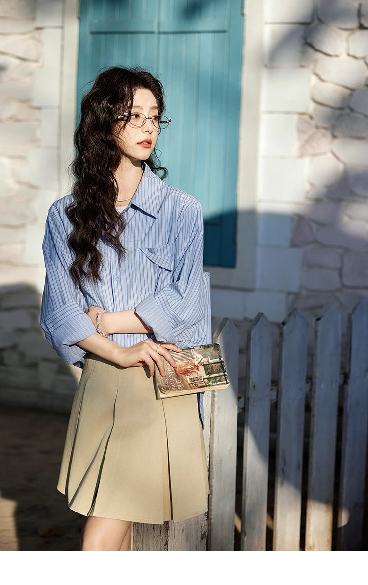 MISHOW Blue Striped Shirt for Women 2025 Spring Versatile Office Lady Tops Pocket Turn-down Collar Long-Sleeve Shirts MXE11C0399