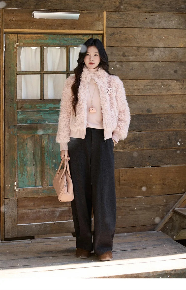 MISHOW Women's Pink Stand Collar Faux Lamb Wool Coat Winter Flower Brooch Warm Outerwear with Pockets Metal Zipper MXE91W0974