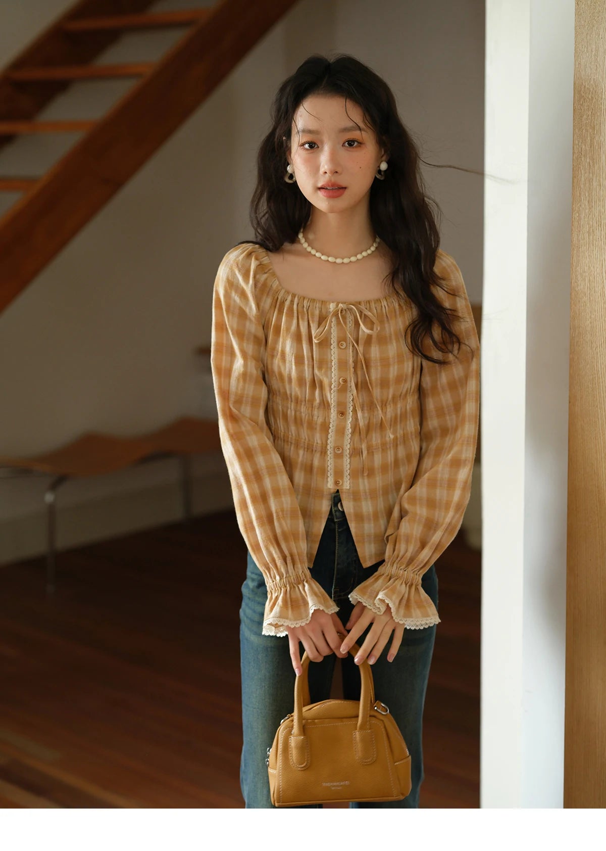 MISHOW Yellow Plaid Blouse for Women 2025 Autumn Korean Waist Square Neck Top Cuff Patchwork Lace Puff Sleeve Blouses MXE43X1986