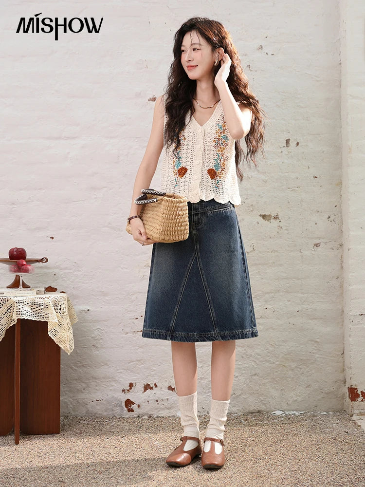 MISHOW Denim Fishtail Skirt 2024 Summer Retro Casual Love Embroidered Pockets Skirt A-line Umbrella Knee-Length Skirt MXD28B0414