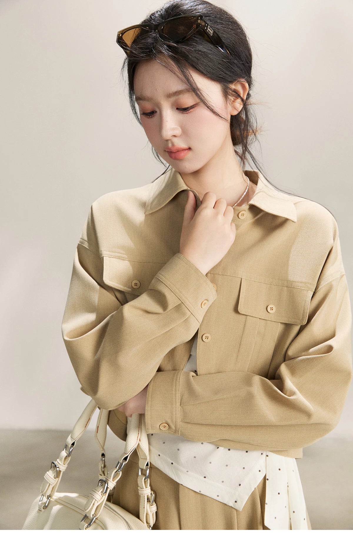 MISHOW Women's Khaki Three-Piece Set Spring Cropped Lapel Short Jacket Irregular Polka Dot Vest Wide Leg Pants Set MXF13T1478