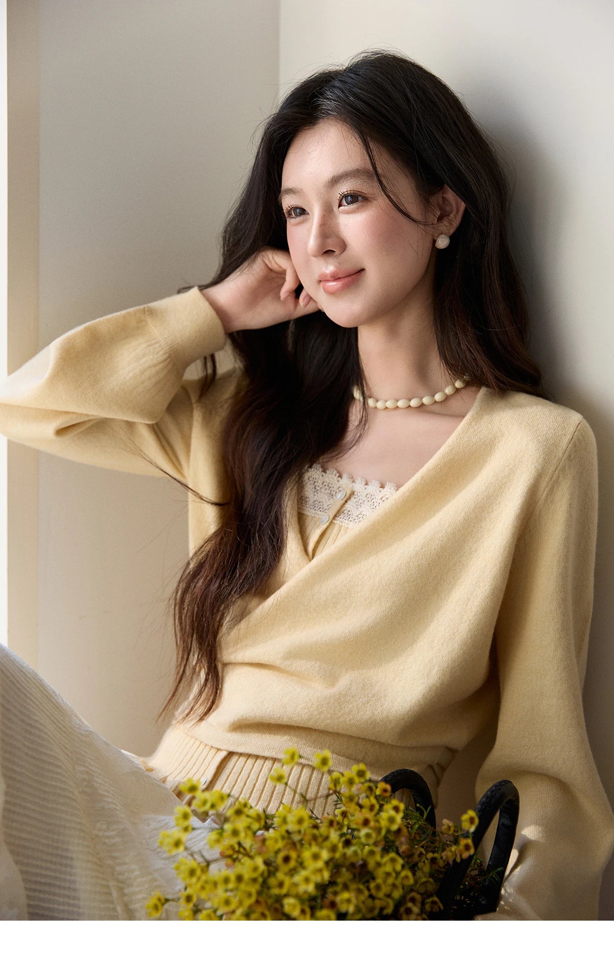 MISHOW Women's Yellow Two-Piece Set 2026 Spring Ruffled Hem Camisole Lace Trim Knitted Cardigan Casual Slim Outfit MXF11T1472