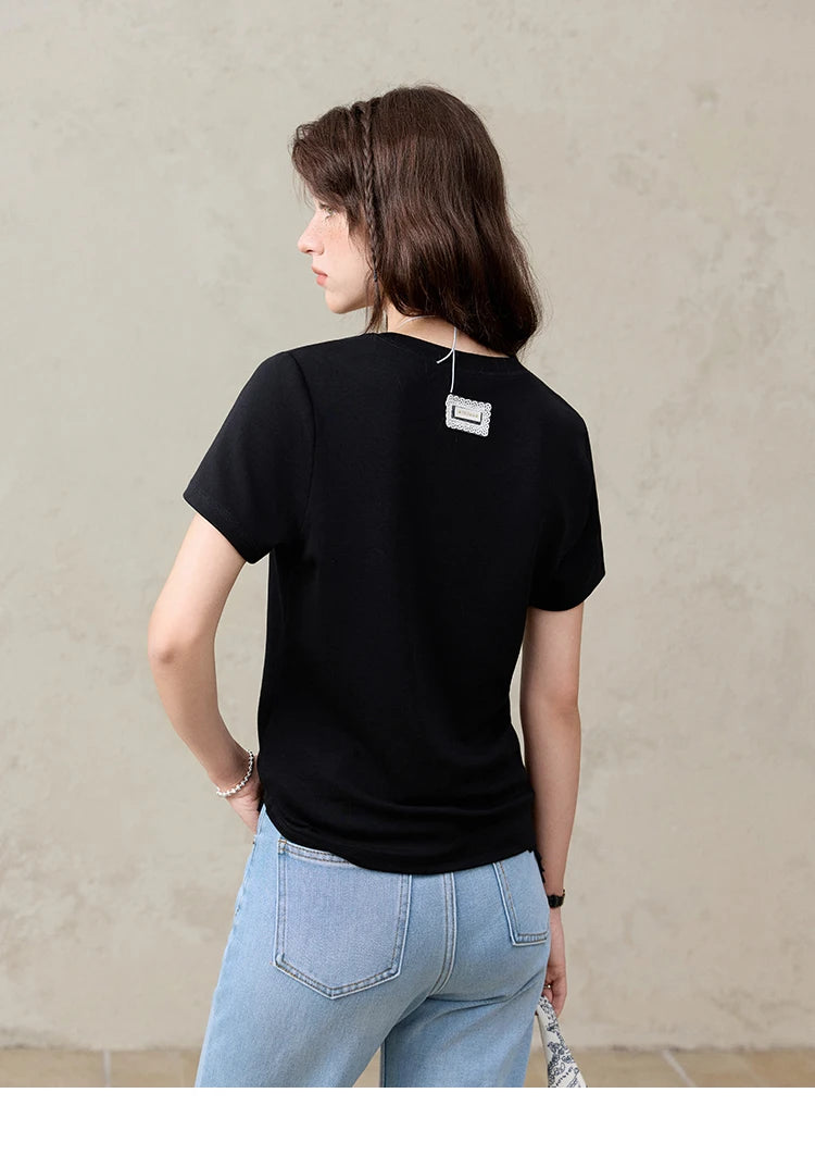 MISHOW Casual Summer T-shirts Women Short Sleeve Round Neck Solid Straight Shoulder Shirt Female Fashion Slimming New MXE31T0532